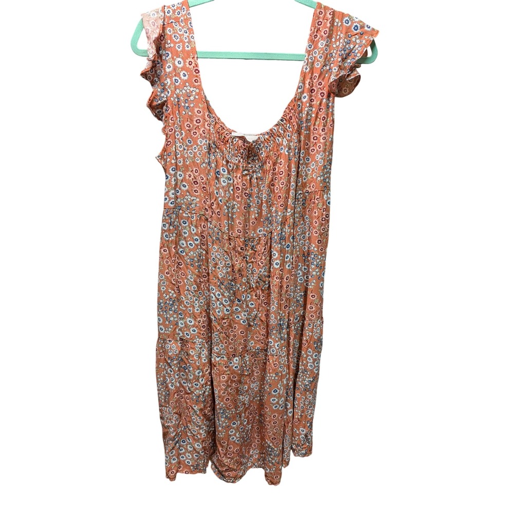Ces Femme Floral Tiered Dress Women Large Orange NWT Ruffle Smocked Boho